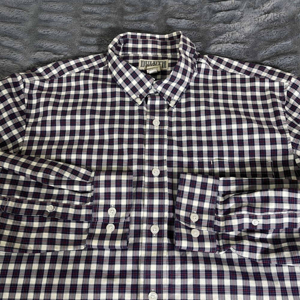 Duluth Trading Co Mens XL Tall Gingham Check Button Down Shirt Navy Red Cotton